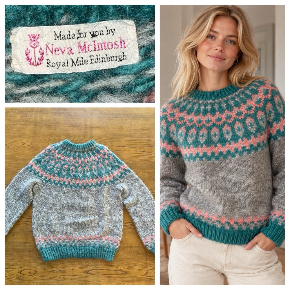Vintage Neva McIntosh Edinburgh Aqua Pink Fair Isle Sweater Scotland Hand Knit M
